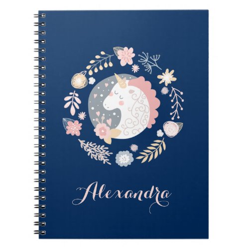 Navy Blush Whimsical Unicorn Wreath Notebook