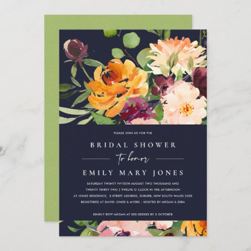 NAVY BLUSH YELLOW ORANGE FLORAL BRIDAL SHOWER INVITATION