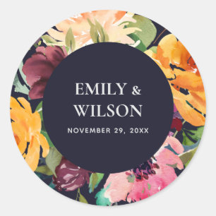 NAVY BLUSH YELLOW ORANGE FLORAL BUNCH WEDDING CLASSIC ROUND STICKER