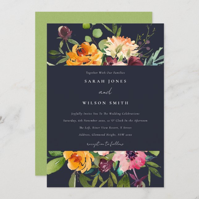 NAVY BLUSH YELLOW ORANGE FLORAL BUNCH WEDDING INVITATION (Front/Back)