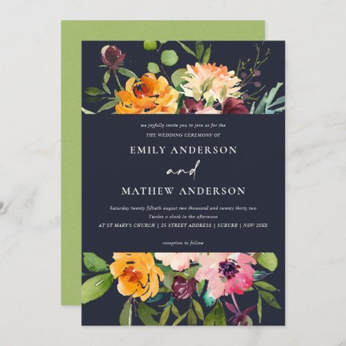 NAVY BLUSH YELLOW ORANGE FLORAL BUNCH WEDDING INVITATION