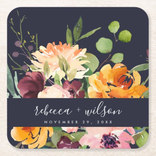 NAVY BLUSH YELLOW ORANGE FLORAL BUNCH WEDDING SQUARE PAPER COASTER