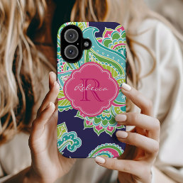 Navy Bohemian Paisley Custom Monogram iPhone 16 Case