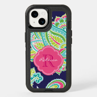 Navy Bohemian Paisley Custom Monogram OtterBox iPhone 14 Case