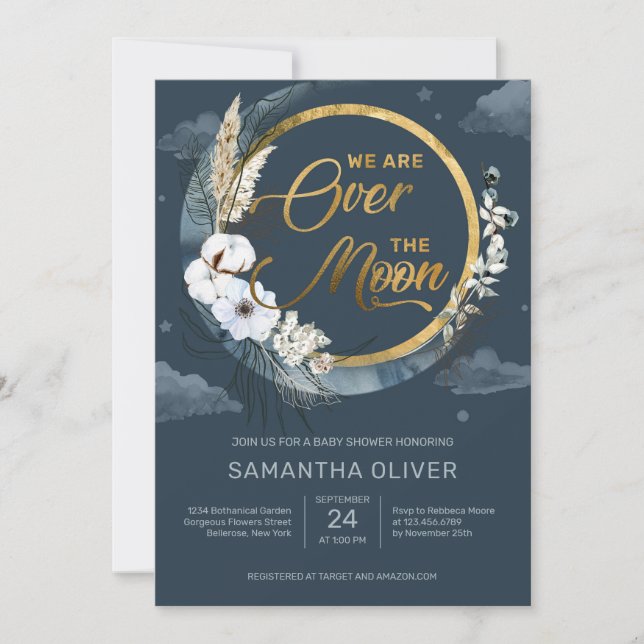 Navy boho blue half moon over the moon baby invitation (Front)