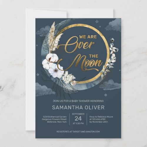 Navy boho blue half moon over the moon baby invitation