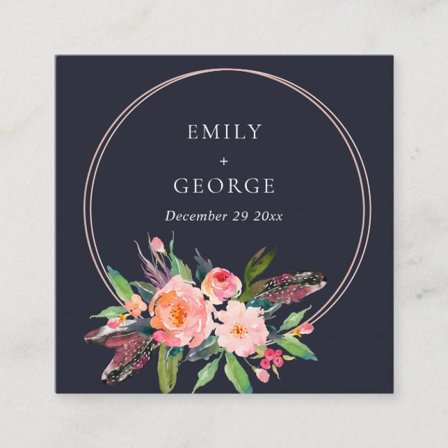 NAVY BOHO BLUSH FLORAL WREATH WEDDING WEBSITE RSVP SQUARE BUSINESS CARD (Front)