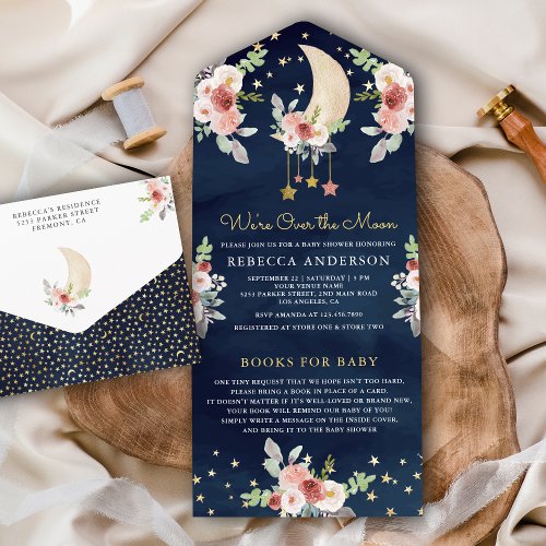 Navy Boho Burgundy Floral Stars Moon Baby Shower All In One Invitation