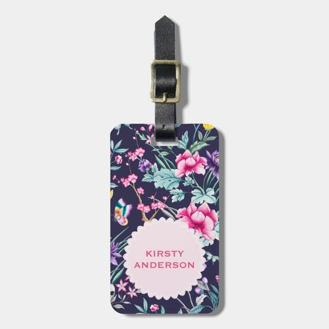 Navy Boho Chic Chinoiserie Floral Luggage Tag