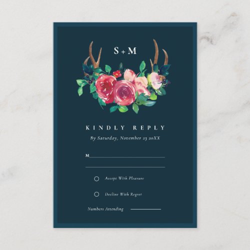 Navy Boho Floral Stag Antlers Wedding RSVP Enclosure Card