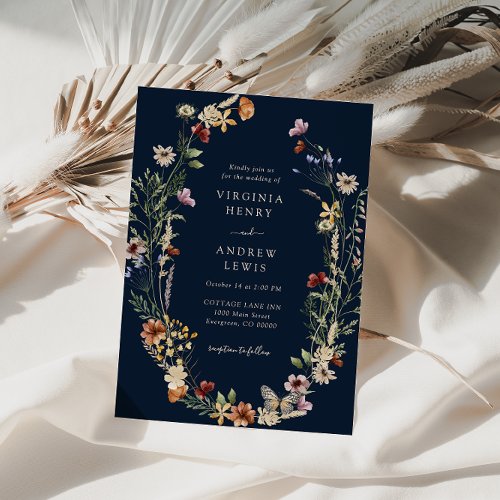 Navy Boho Floral Wedding Invitation