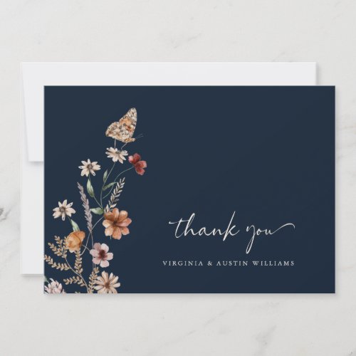 Navy Boho Floral Wedding Thank You Card