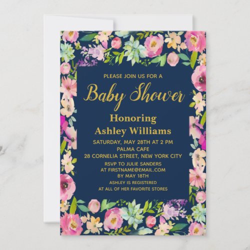 Navy Boho Flowers Floral Baby Shower Invitations