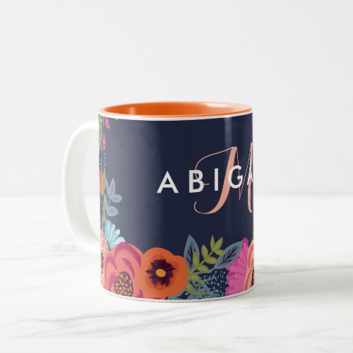 Navy Boho Flowers Name  Monogram Two_Tone Coffee Mug