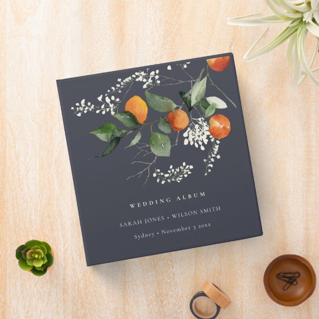 Navy Boho Orange Blossom Botanical Wedding Album 3 Ring Binder (In Situ)