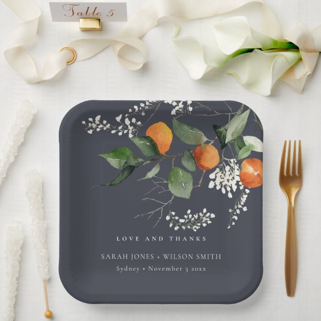 Navy Boho Orange Blossom Botanical Wedding Paper Plates (Wedding)