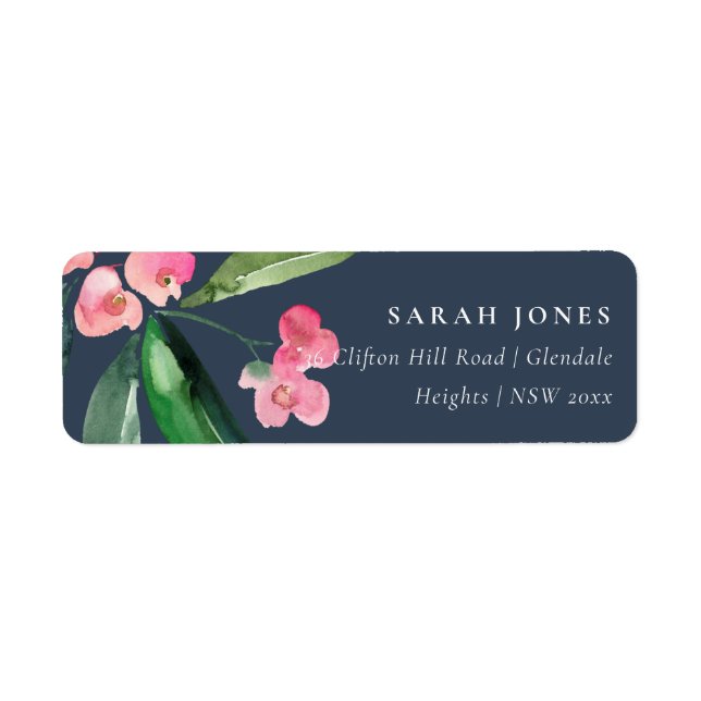 NAVY BOHO PINK CHRIST THORN CACTI BLOOM ADDRESS LABEL (Front)