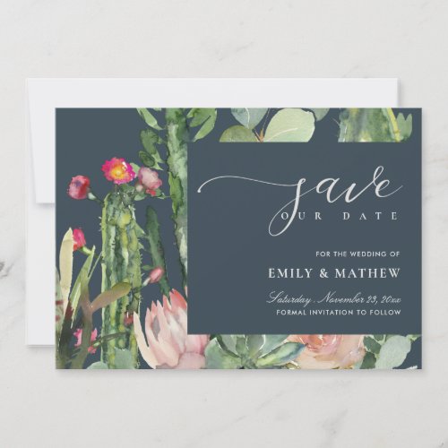 NAVY BOHO PINK DESERT CACTUS FLORAL WATERCOLOR SAVE THE DATE