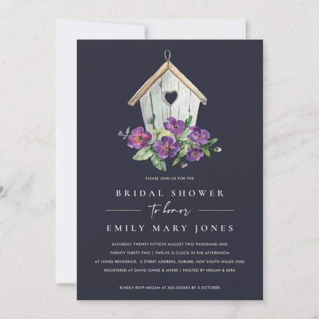 NAVY BOHO RUSTIC FLORAL BIRDHOUSE BRIDAL SHOWER INVITATION (Front)