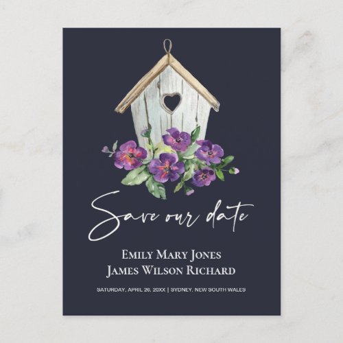 NAVY BOHO RUSTIC FLORAL BIRDHOUSE SAVE THE DATE ANNOUNCEMENT POSTCARD