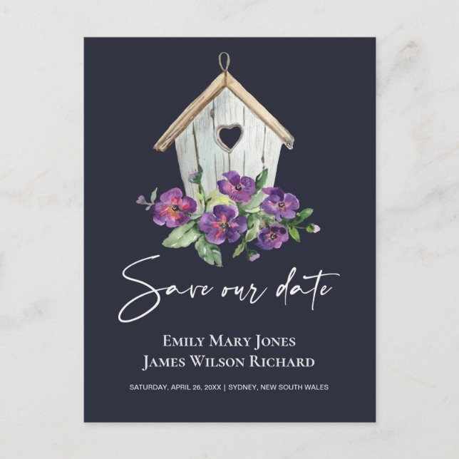 NAVY BOHO RUSTIC FLORAL BIRDHOUSE SAVE THE DATE ANNOUNCEMENT POSTCARD (Front)