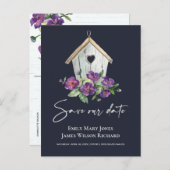 NAVY BOHO RUSTIC FLORAL BIRDHOUSE SAVE THE DATE ANNOUNCEMENT POSTCARD (Front/Back)