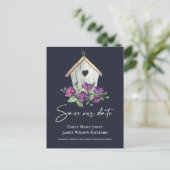 NAVY BOHO RUSTIC FLORAL BIRDHOUSE SAVE THE DATE ANNOUNCEMENT POSTCARD (Standing Front)