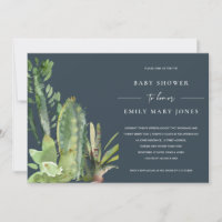 NAVY BOHO SUCCULENT DESERT CACTI FAUNA BABY SHOWER INVITATION