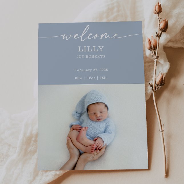 Navy Boho Welcome Baby Photo Announcement Card (Creator Uploaded)