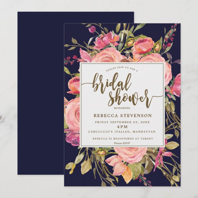 navy boho wild flower bridal shower invitation (Front/Back)