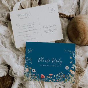 Navy Boho Wildflower Menu Choice RSVP Postcard