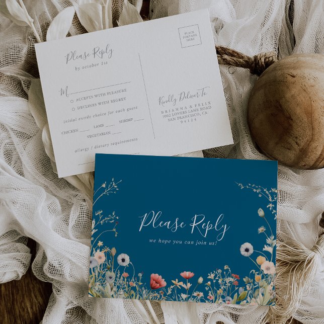 Navy Boho Wildflower Menu Choice RSVP Postcard (Creator Uploaded)