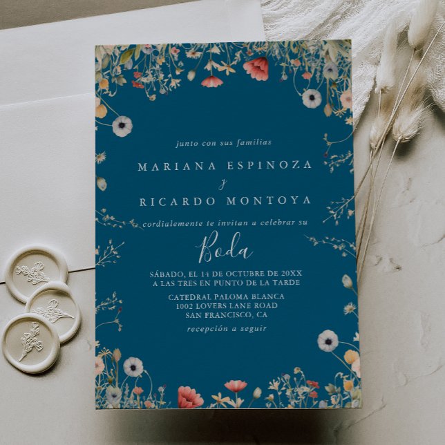 Navy Boho Wildflower Spanish Wedding Invitation (Creator Uploaded)