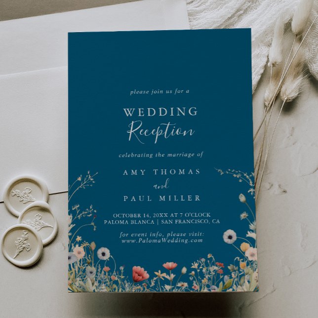 Navy Boho Wildflower Wedding Reception Invitation (Creator Uploaded)