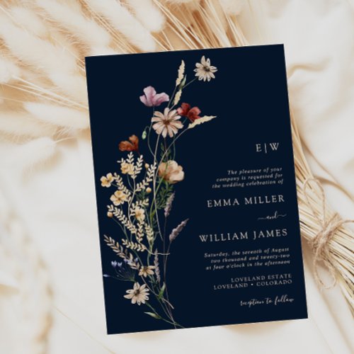 Navy Boho Wildflowers Wedding Invitation