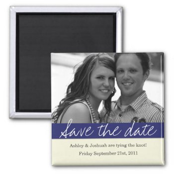 Navy Bold Banner Photo Save The Date Magnet by AllyJCat at Zazzle