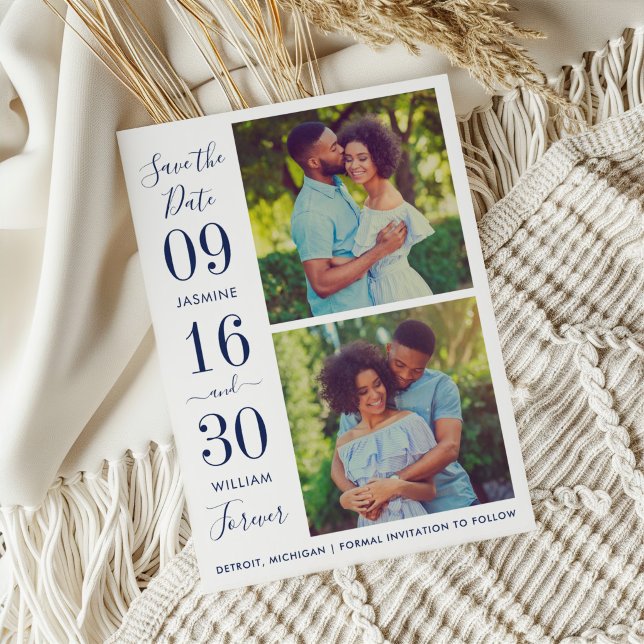 Navy Bold Date Two Photo Forever Wedding Save The Date (Creator Uploaded)