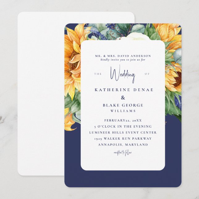 Navy Bold Sunflowers Tuscan Wedding  Invitation (Front/Back)