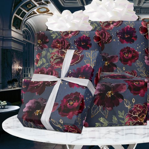 Navy Bordeaux Jewel Tone Burgundy Peony Wedding Wrapping Paper