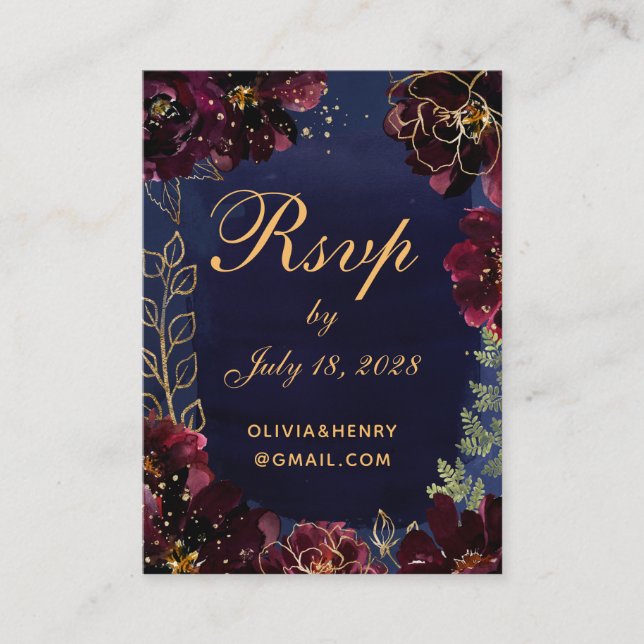 Navy Bordeaux Online RSVP With Details Card  (Front)