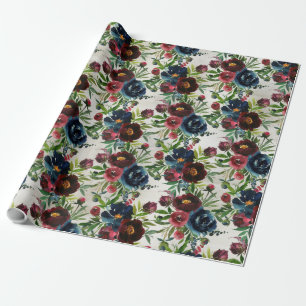 Navy Bordeaux Peonies Blooming Garden Wrapping Pap Wrapping Paper