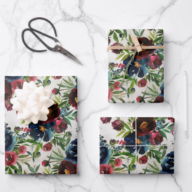 Navy Bordeaux Peonies Blooming Garden Wrapping Paper Sheets (Front)