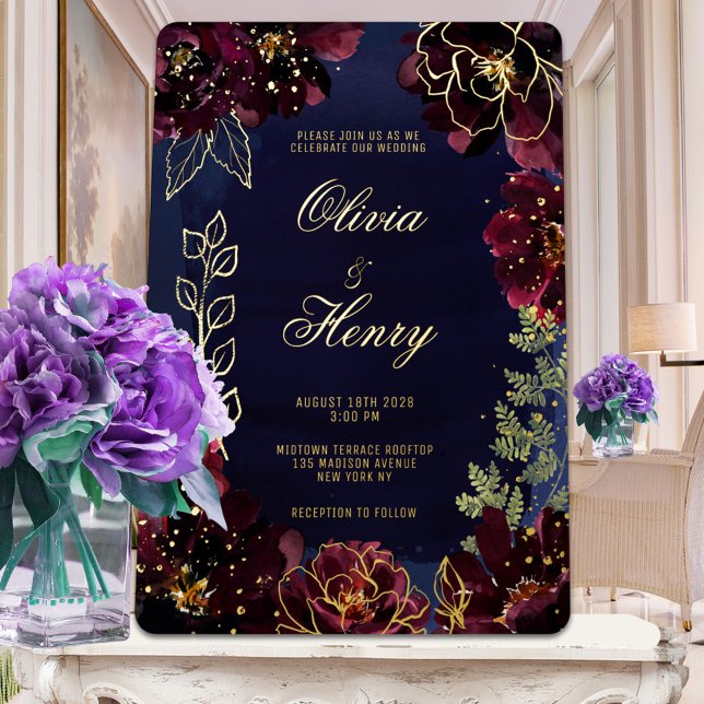Navy Bordeaux Wedding Gold Foil Invitation (Creator Uploaded)