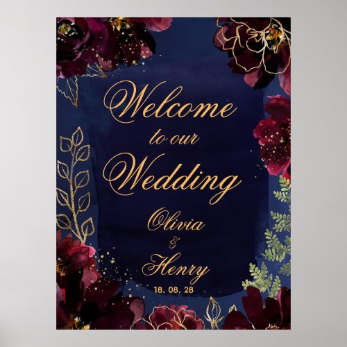 Navy Bordeaux Welcome To Our Wedding 24 x 32 Inch Poster