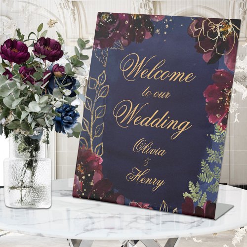 Navy Bordeaux Welcome To Our Wedding Pedestal Sign