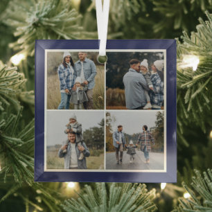 Navy Border 4 Photos Make Your Own Collage Glass Ornament