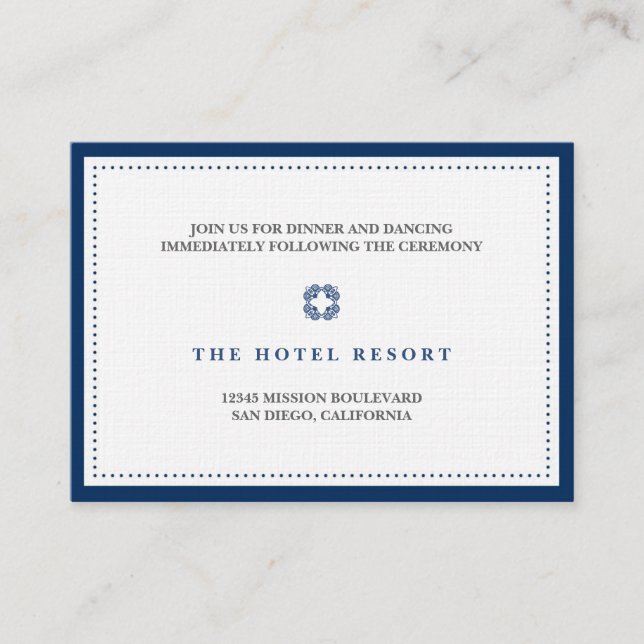 Navy border bead wedding reception enclosure card (Front)