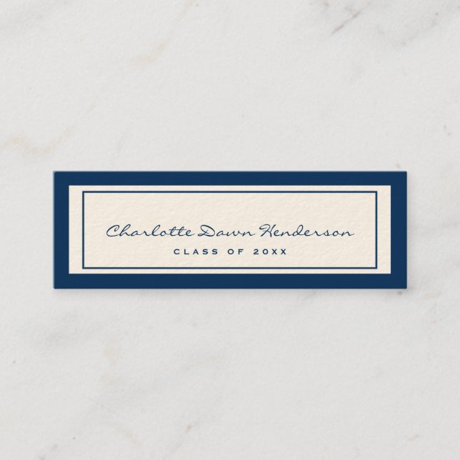 Navy border ecru graduation announcement name card (Front)
