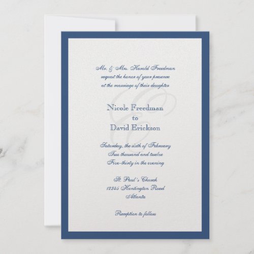 Navy border shimmer traditional monogram wedding personalized invitations