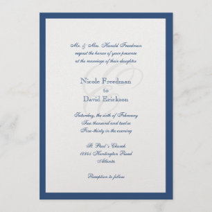 Navy border shimmer traditional monogram wedding invitation